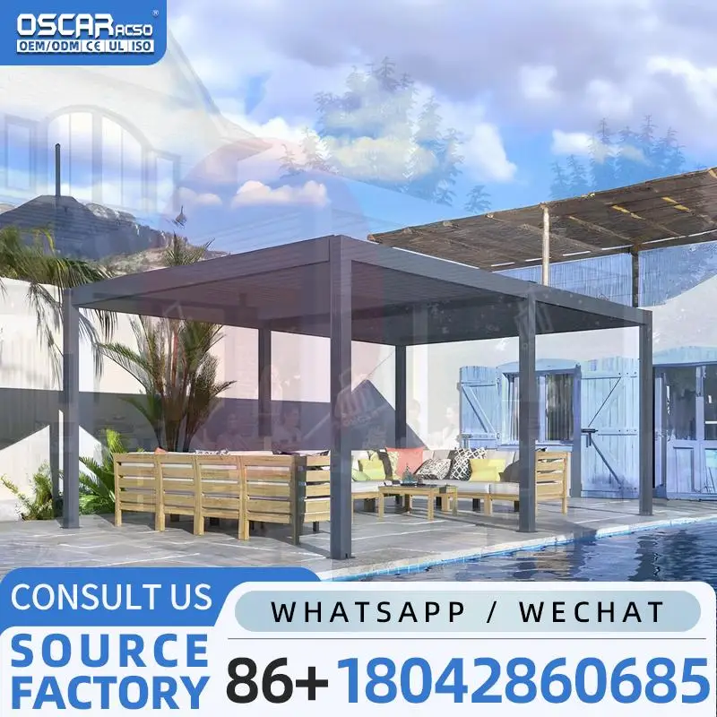 Free Standing Aluminum Pergola with Rain Wind Sensor 20 Year Frame Warranty Louvered Design 24'x12' Dimensions Outdoor Garden Pa