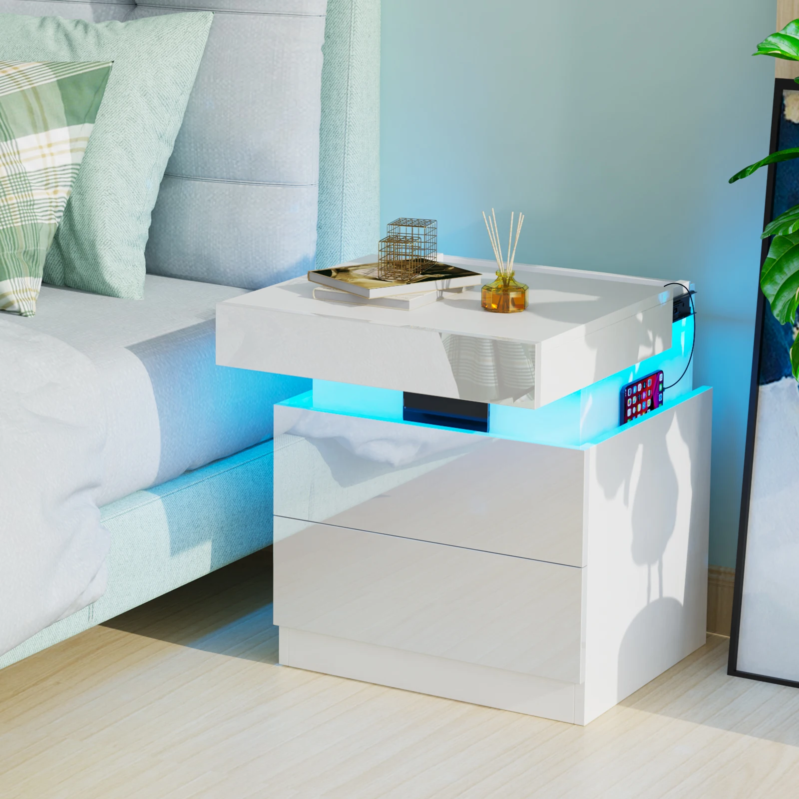 Mesita de noche LED con 2 cajones ocultos, mesita de noche con función de carga, equipada con puertos USB y Tipo-C, luz con sensor y estante abierto