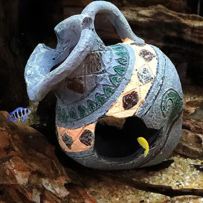 Fish for Tank Decoration Aquarium Hideaway Broken Pottery House with Cave Resin Vase Ornament Landscaping Accessories