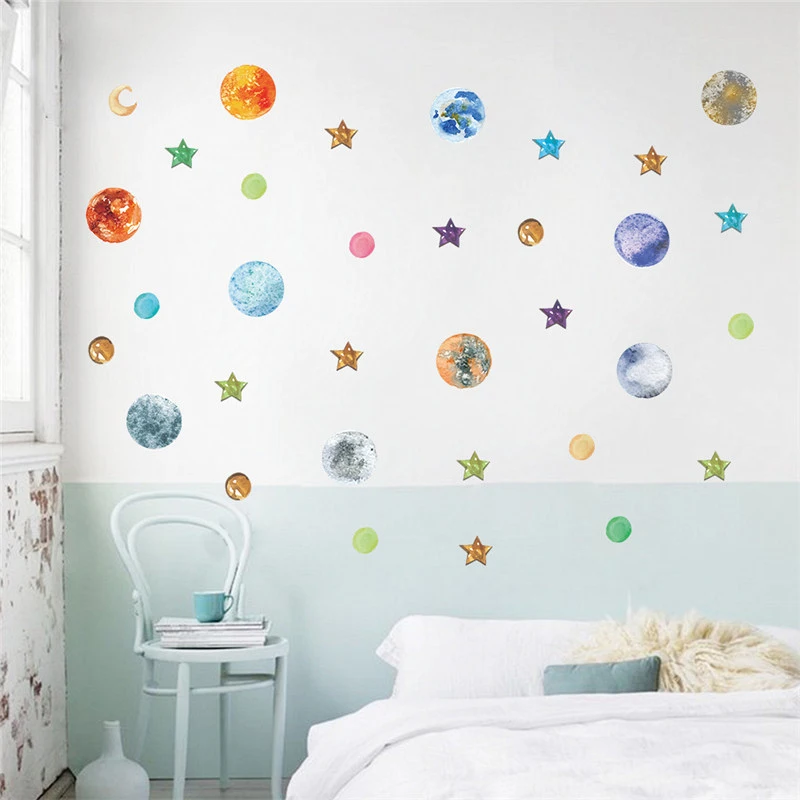 Colourful Solar System Planets Moon Star Wall Sticker For Kids Room Kindergarten Home Decoration Diy Mural Arts Pvc Wall Decal