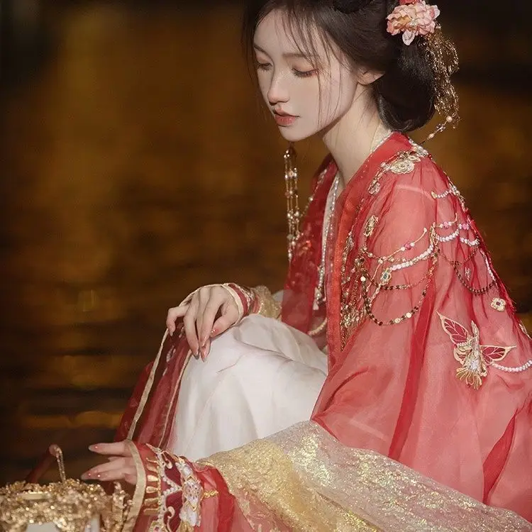 

Heavy Embroidery Frost-resistant Hibiscus Twelve Flowers God Tang Dynasty Hanfu Qi Chest Large Sleeves Embroidered Hezi New