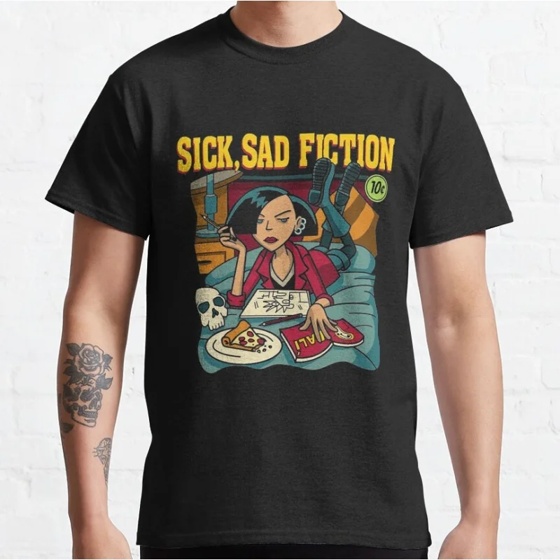 SAD FICTION Retro Sick sad world tv shows Gift t shirt 90s Nostalgia cartoon Graphic Clothes Large size Tops 100% cotton tee