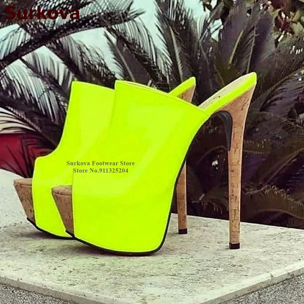 Surkova Wooden Heel Platform Dress Sandals Neon Yellow Pink Patent Leather Sky High Heel Slippers Sexy Slip-on Banquet Shoes