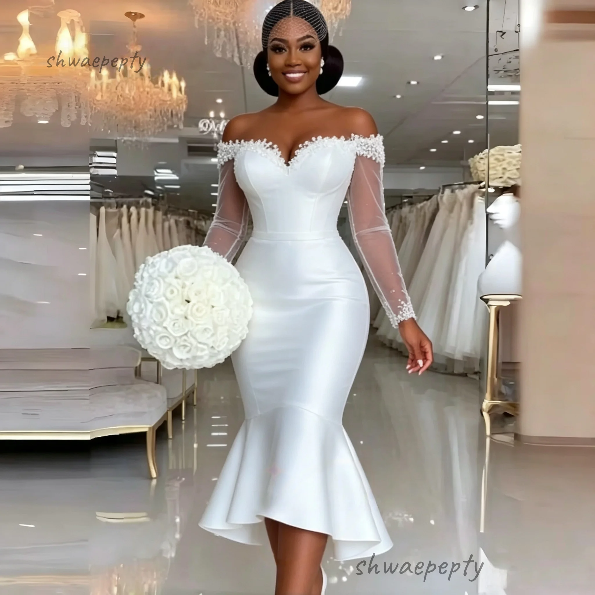 Simple Midi Mermaid Civil Wedding Dress Off-Shoulder Sheer Long Sleeves White Satin Bridal Gown Sweetheart Tea-Length Customized
