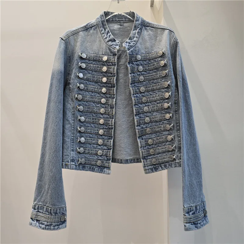 American Style Distressed Denim Jackets Women's Double Breasted Stand Collar Short Coat High Street Fashion Vintage Outerwear