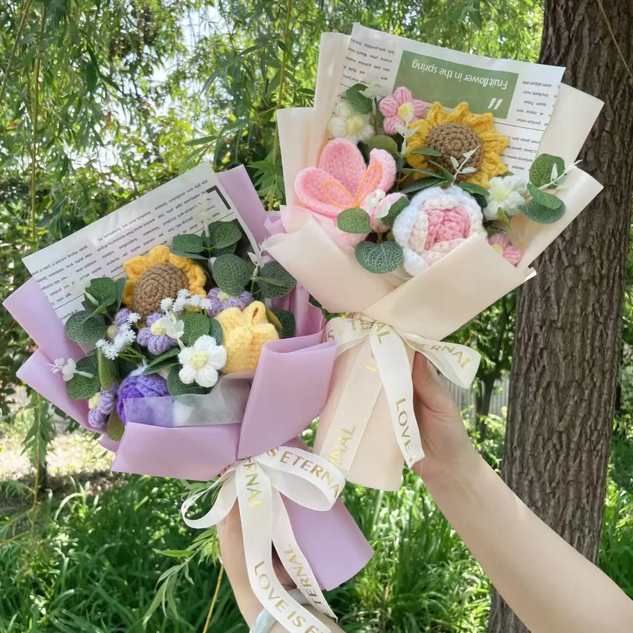 Finished Crochet Bouquet Rope Artificial Flowers Stuffed Plants Wedding Valentine Mothers' Day Birthday Graduation Gifts