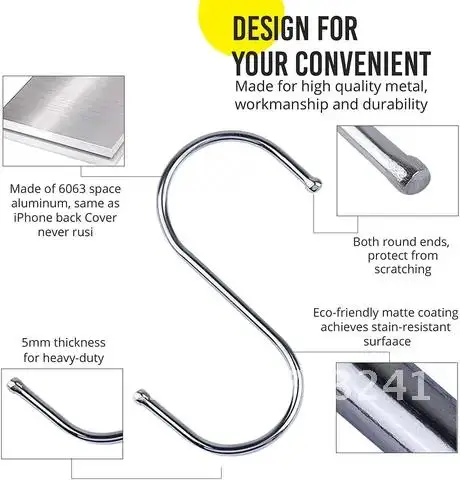 100/5Pcs Heavy Duty Stainless Steel S Hooks for Hanging Clothes Durable Utility Swing Flower Pots Planters Tools