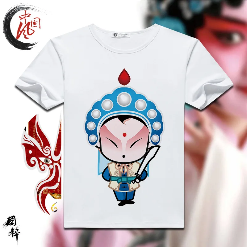 New Facial Mask Q Version of Beijing Opera Character Print Tops for Boys Girls Short-sleeved T-shirt Oversized T Shirt Tee