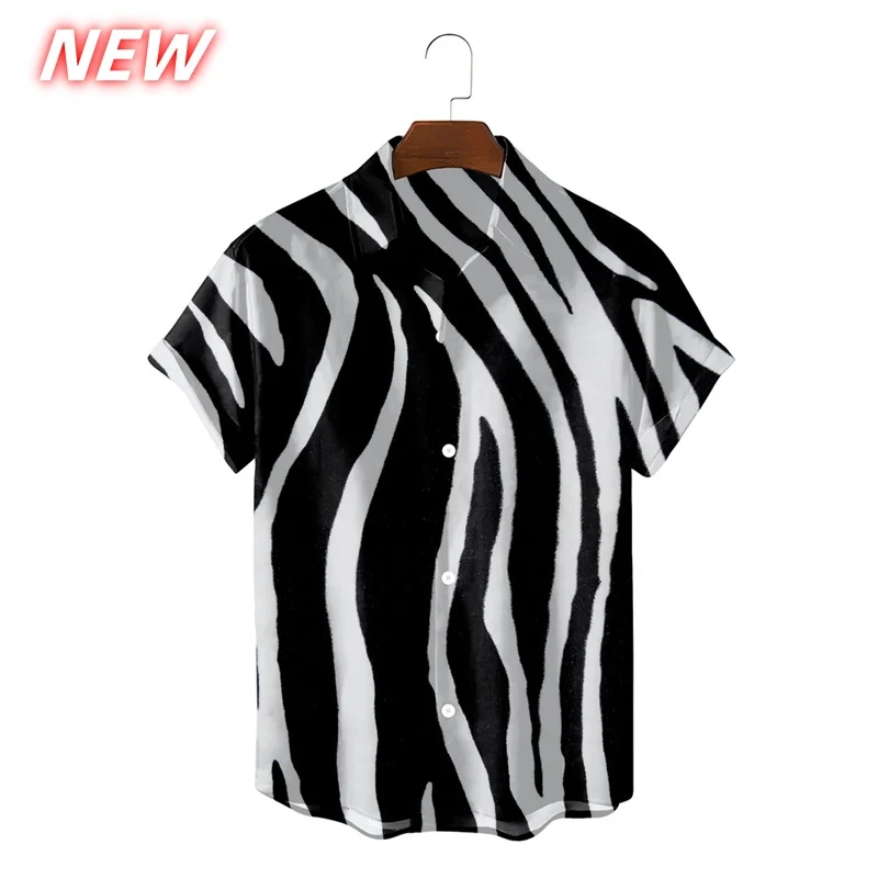

Гавайская рубашка в полоску зебры для мужчин, красочные забавные рубашки Aloha с 3D принтом, летняя повседневная блузка с короткими рукавами, топы с лацканами