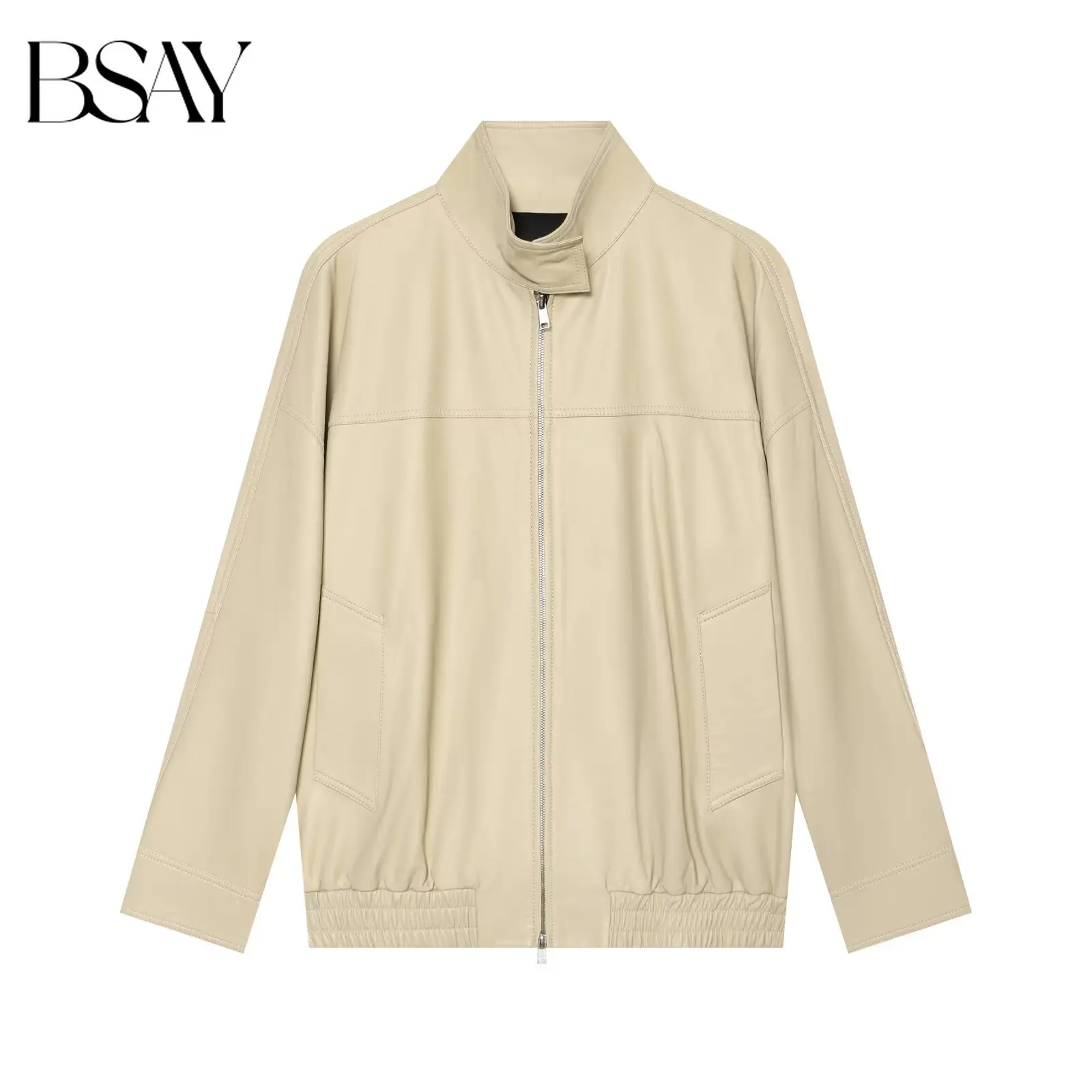BSAY 2026 Neue Streetwear Retro Biker Kunstlederjacke für Damen mit Hohem Kragen, Durchgehendem Reißverschluss, Elastischem Taillenbund, Locker Geschnittener Lässiger Mantel