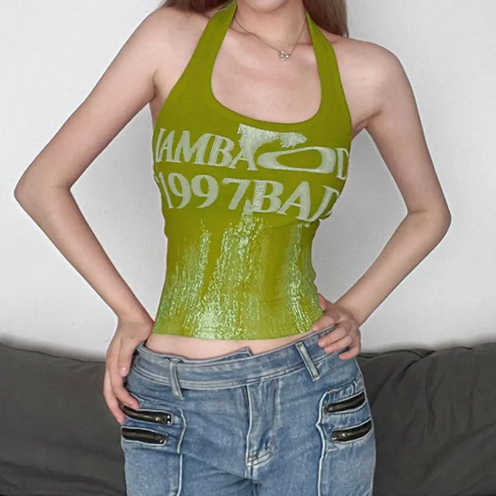 Crop Top Y2K Retro Alphabets Camisole Tank Top Sleeveless Hanging Neck Strap Top Umbilical Corset Slim Ultra Short