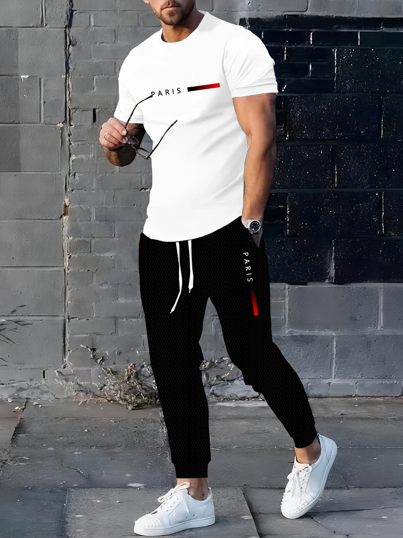 

Spring/Summer Paris Letter Printed Round Neck Casual Comfortable Breathable T-shirt with Drawstring Outdoor Sports Pants Set