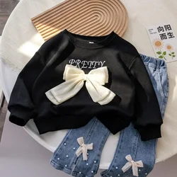 Hoodies & Sweatshirts for Girls Children's Clothing Long-sleeved Tops Bow Casual Outerwear Loungewear Outfit （ONLY 1PCS Top）