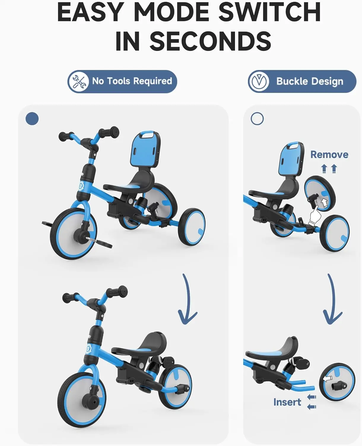 5-in-1 Toddler Tricycle with Push Handle, Grow with Me Kids Trike for 1-3 Years, Balance Bike & Tricycle, Adjustable Parent Steering, Safety Seat with Backrest view 3
