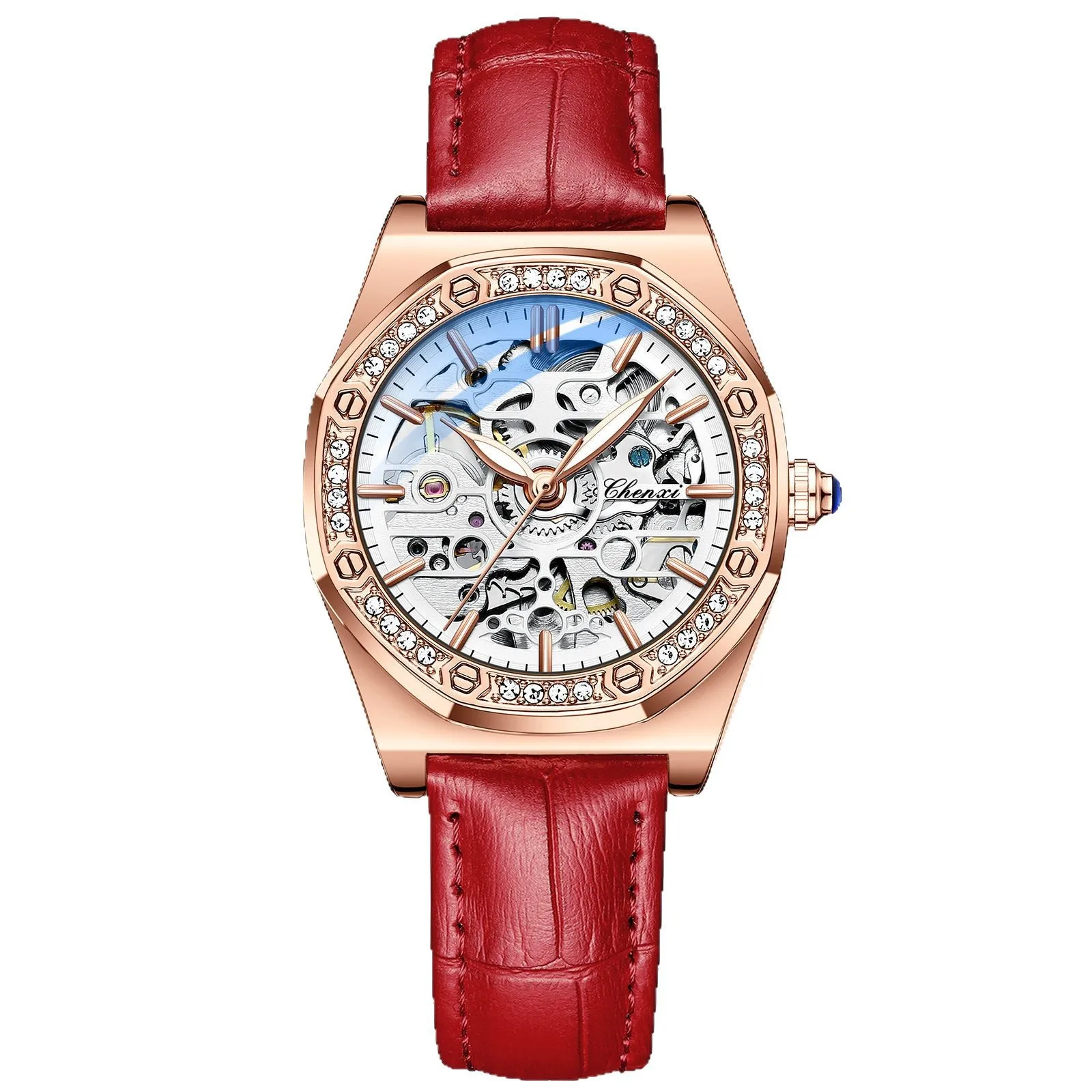 Women Automatic Mechanical Watch Stainless Steel Band Hollow Out Diamond Inlaid Luminous Waterproof Fashion Ladies Wrist Watch