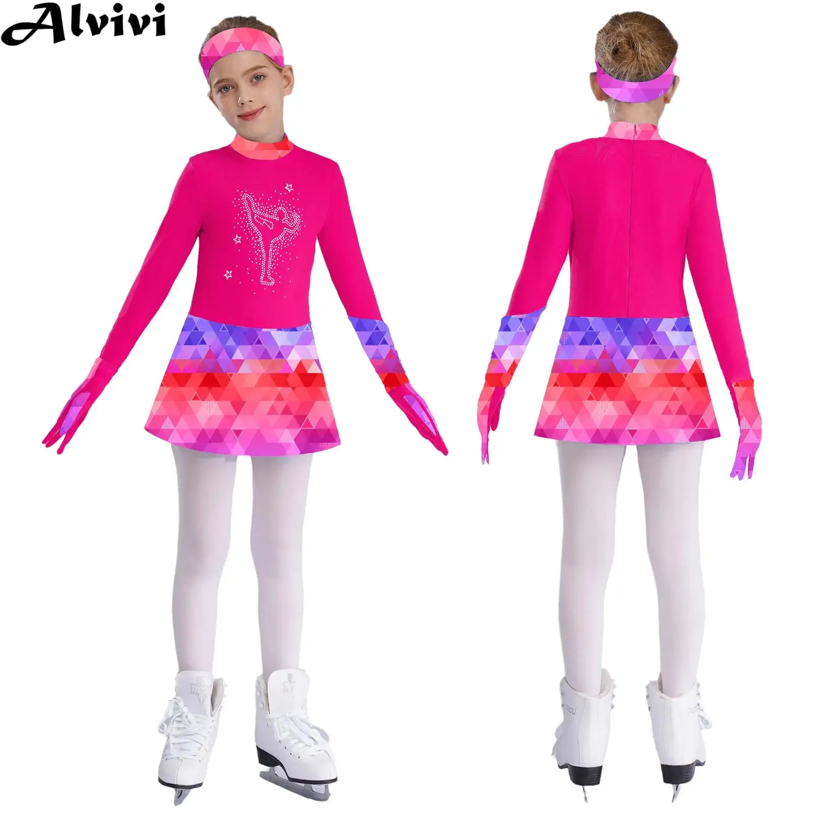 Girls Figure Skating Rhythmic Gymnastics Dance Costume Long Sleeve Shiny Rhinestone Leotard Dress with Gloves Headband Dancewear