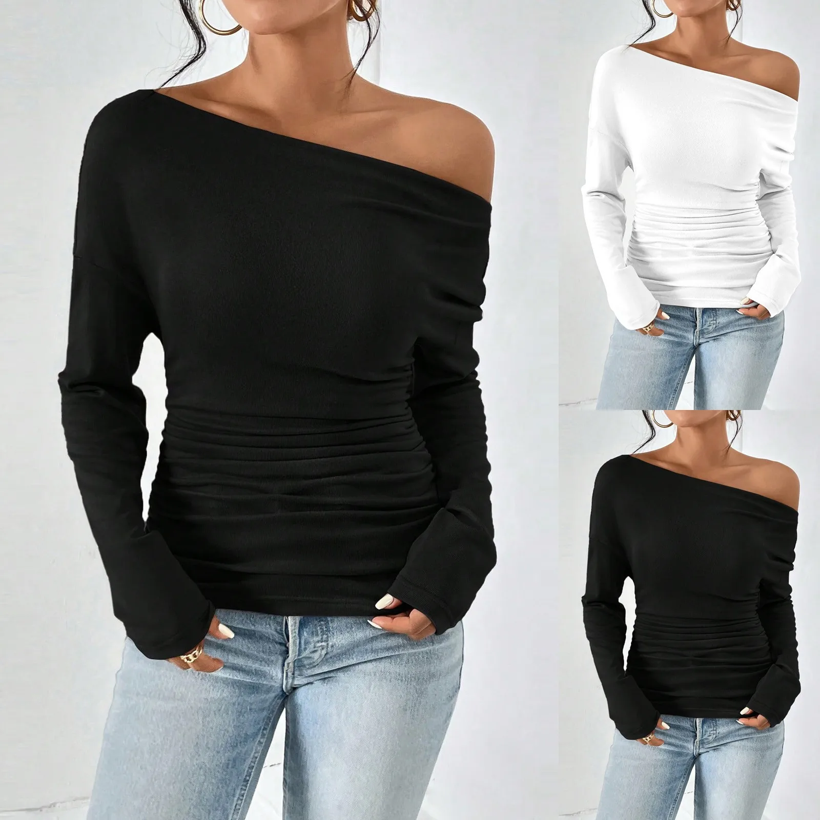 2024 Casual Loose Solid Color Tunics Women\'s Trendy Sexy Slim Off Shoulder Top T-Shirt Ladies Asymmetrical Long Sleeve Top