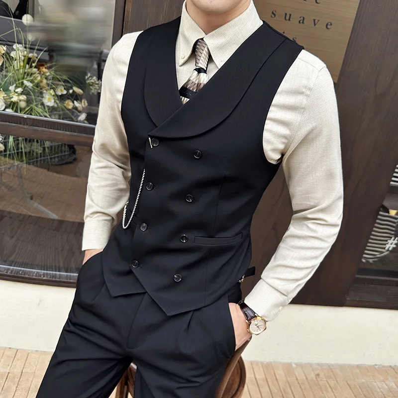 Brand Clothing Men\'s Business Suit Vest Male Slim Fit Fashion High Quality Double Breasted Suit Vest