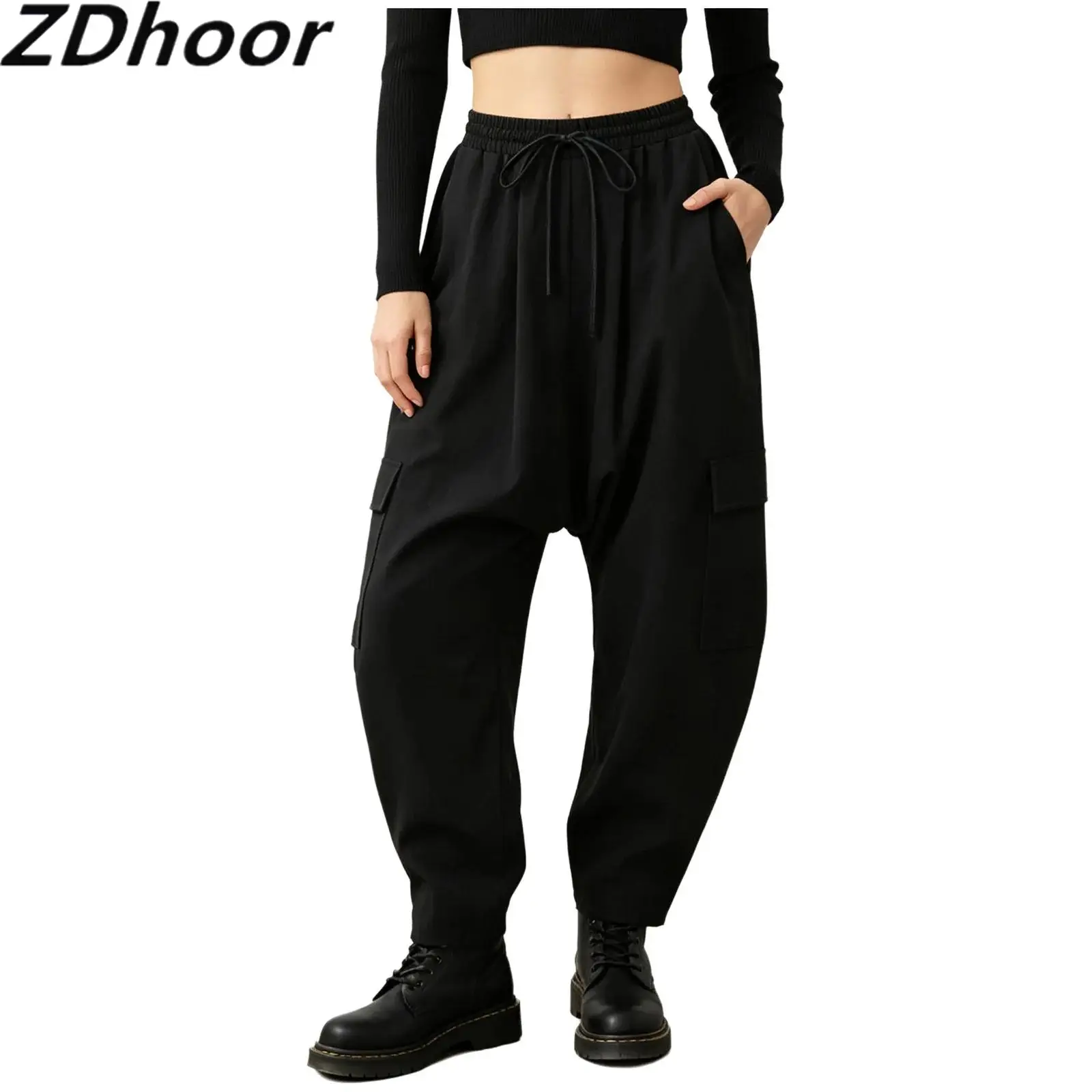 Women Cargo Palazzo Harem Pants Drop Crotch Multi-pocket Drawstring Elastic Waistband Baggy Pants Pirate Trousers for Casual