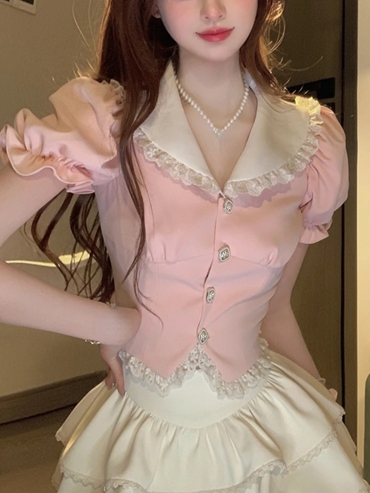 Giapponese Lolita Kawaii due pezzi Set donna pizzo francia dolce torta gonna vestito femminile coreano manica a sbuffo camicette + minigonna 2023