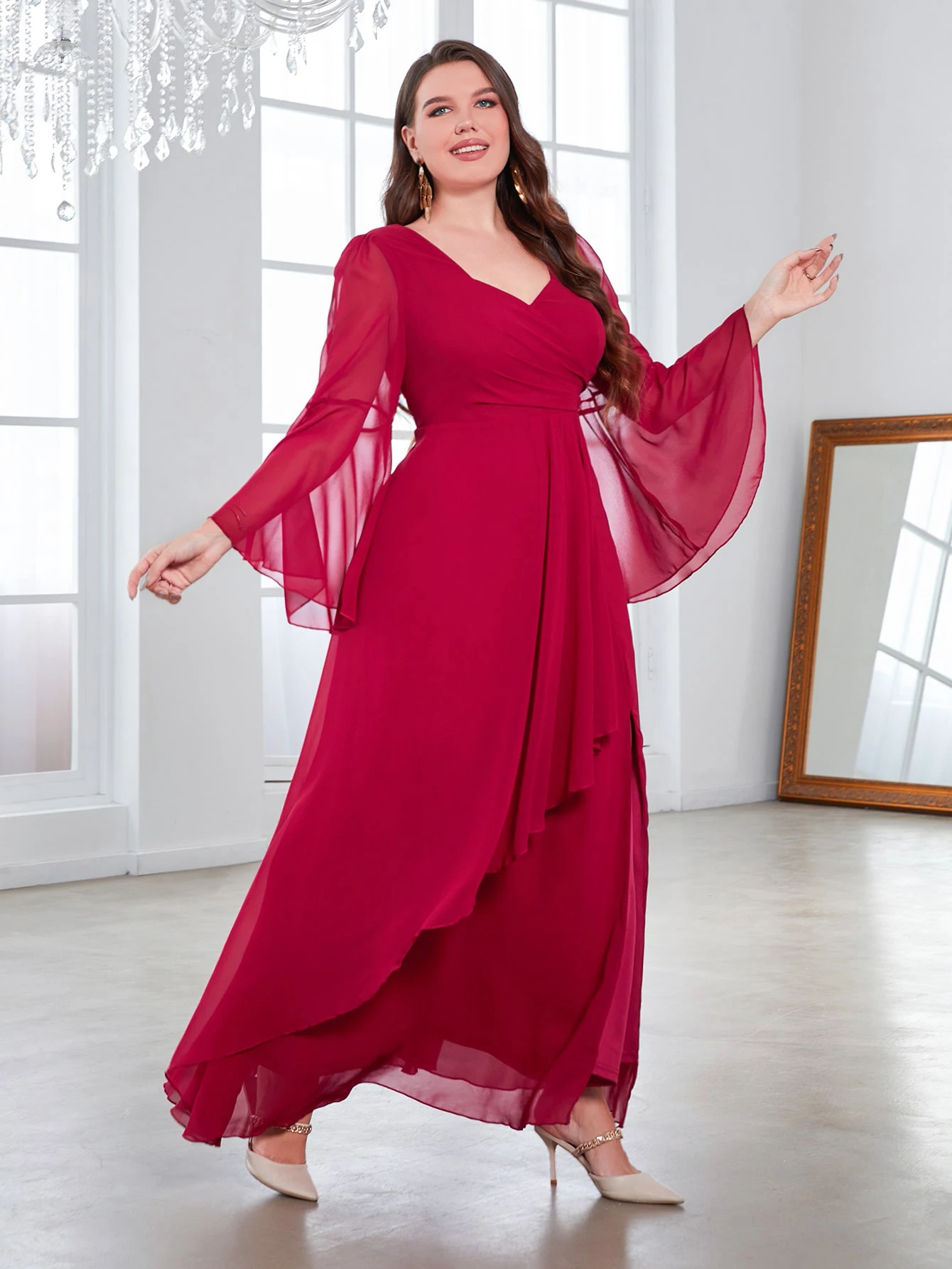 Plus Size damskie eleganckie sukienki modne z dekoltem w szpic rozcięcie długa sukienka Temperament jednolity kolor duże damskie suknie wieczorowe