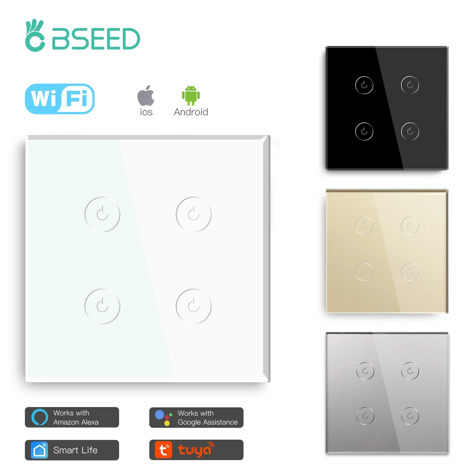 

BSEED 4 Gang Wifi Light Switch EU Standard Smart Switch Wireless Wifi Switch White Black Golden Colors Work With Tuya