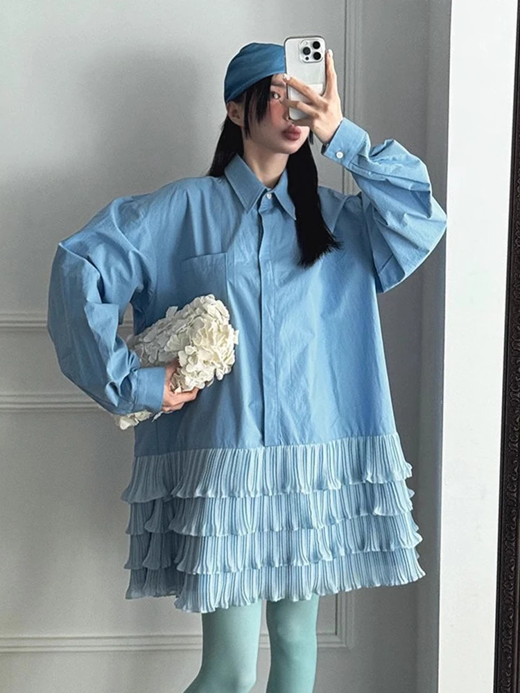 Estilo coreano primavera verão turn-down colarinho cor sólida emendado em camadas vestido mulher doce a linha vestido