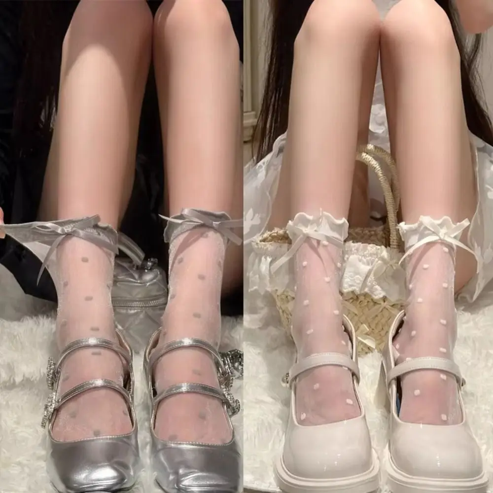 

Comfortable Ultra-thin Lolita Socks Crystal Silk Soft Polka Dot Sock Elastic Breathable Long Socks Girls