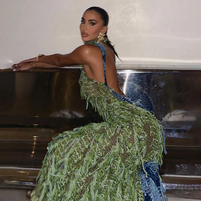 Sorella Star Fashion Collo alto Sexy Hottie Hollow Backless Vita alta Nappa Splicing Dress Abiti da festa da discoteca all'ingrosso