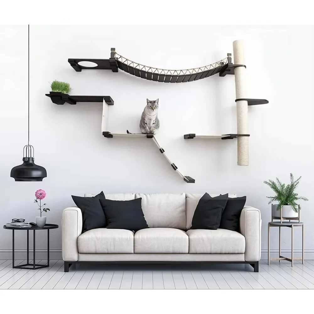 5 Levels Wall Mounted Cat Furniture with Bridge, Hammock, Scratcher & Planter Shelf - Bamboo, Adjustable Furniture & Scratchers