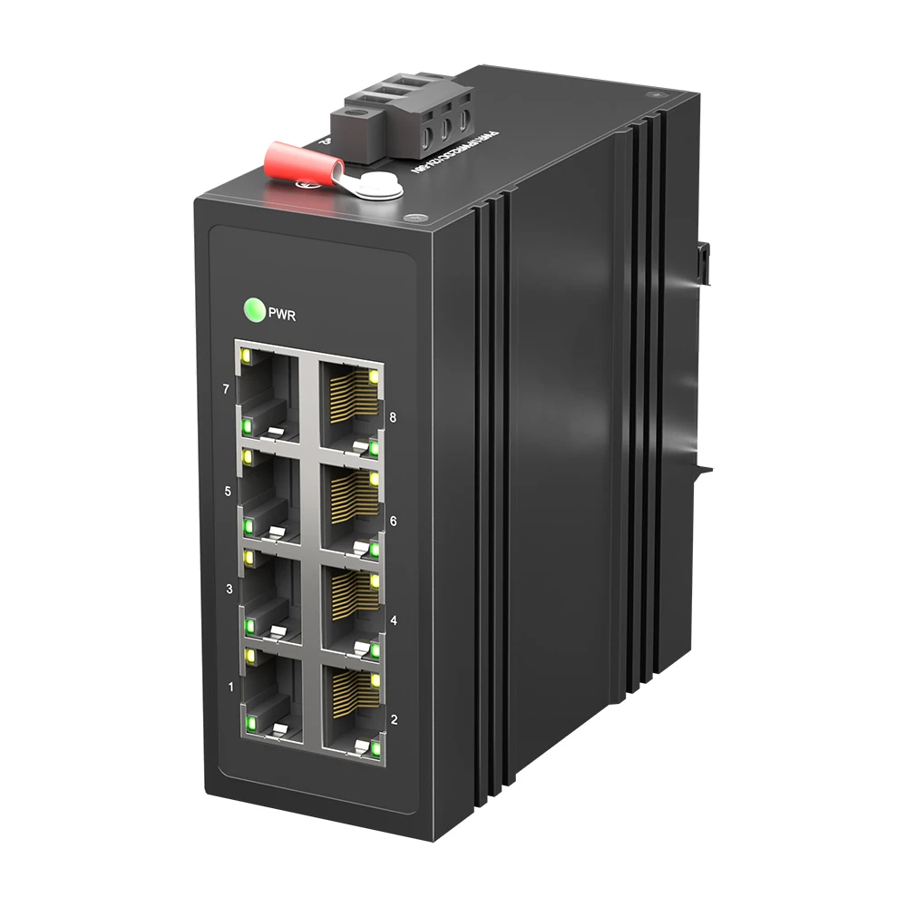 محول إيثرنت Bullscom Industrial ذو 8 منافذ بسرعة 10/100 ميجابت في الثانية |   غلاف معدني متين IP40 |   حامل السكك الحديدية DIN |   نطاق درجة حرارة واسع