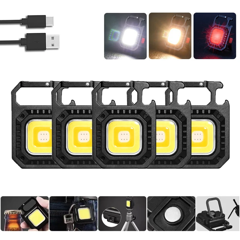 Mini LED Lanterna Keychain Portátil USB Recarregável Trabalho Luz Keychain Luz acampamento ao ar livre luz com abridor de garrafas