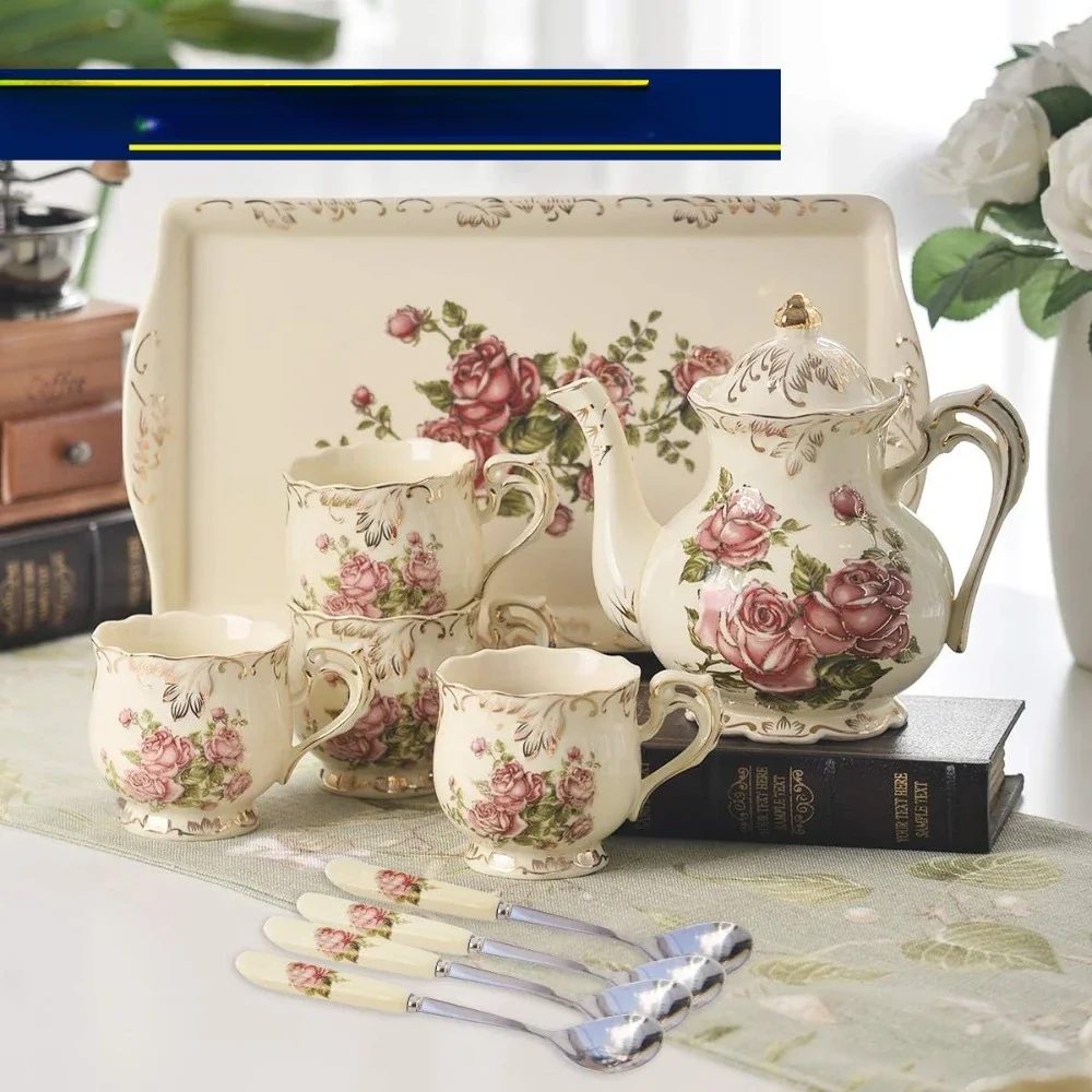 Porcelain Tea Set, Tea Cups with Teapot, Serving Tray and Teaspoon Service for 4, Suitable for Tea Party Gifts, Teaware Sets