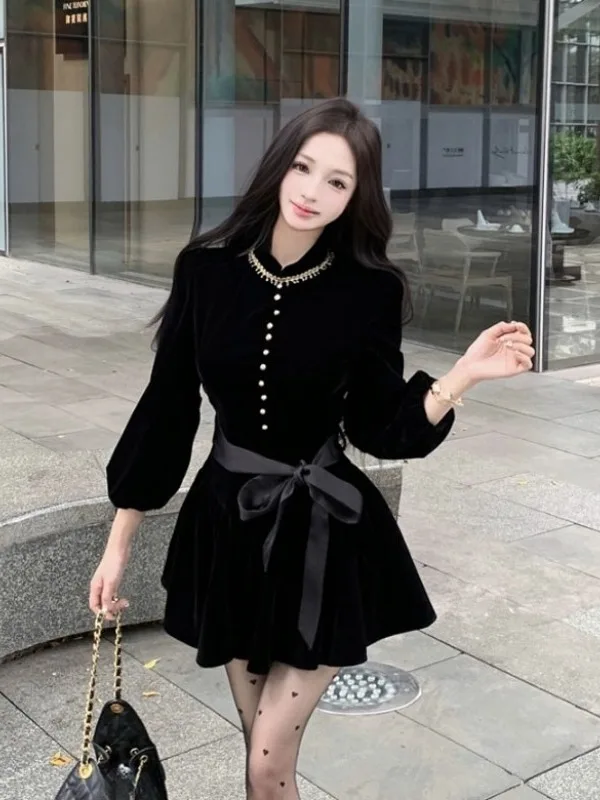 

Hebe Style Velvet Dress Beautiful Bow Waist Cinched Black Skirt Unique Spring Fashion Women's Clothing Velvet Dresses