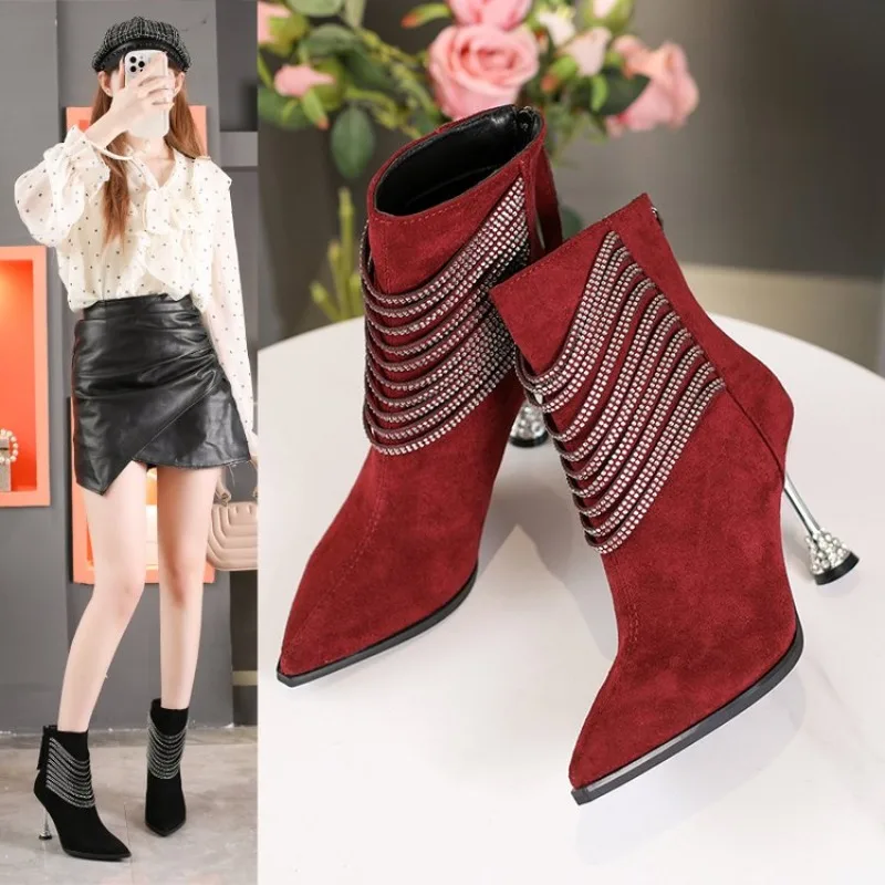 

Rubber Soled Dance Boots Women 2026 Spring Pointy Rhine-diamond Tassel High Heel Mesh Latin Jazz Modern Dance Shoes Stage Show
