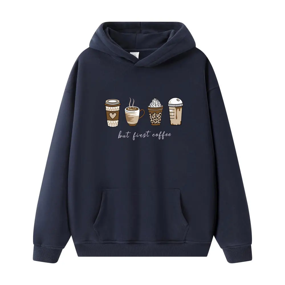 But First Coffee Cartoons Coffee Drinks Pattern Hoodies Fashion Warm Hoody Casual Trendy Sweatshirt Women Street Pullovers
