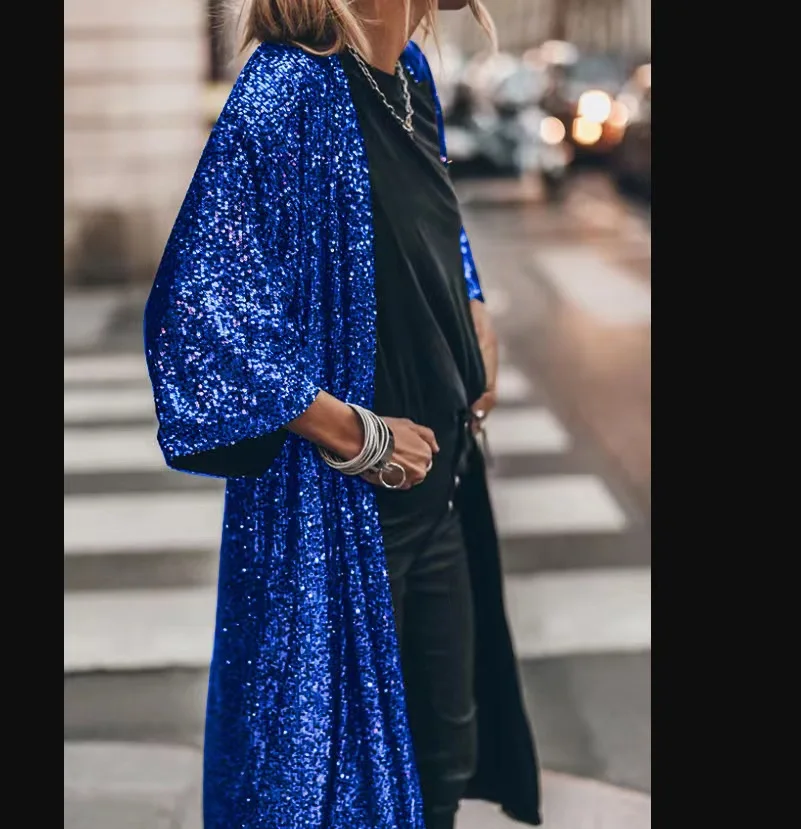 Korean Streetwear Spring 2023 Kimono Women 3/4 Sleeve Sequined Cloak Black Silve/Blue/Green Loose X-Long Cape