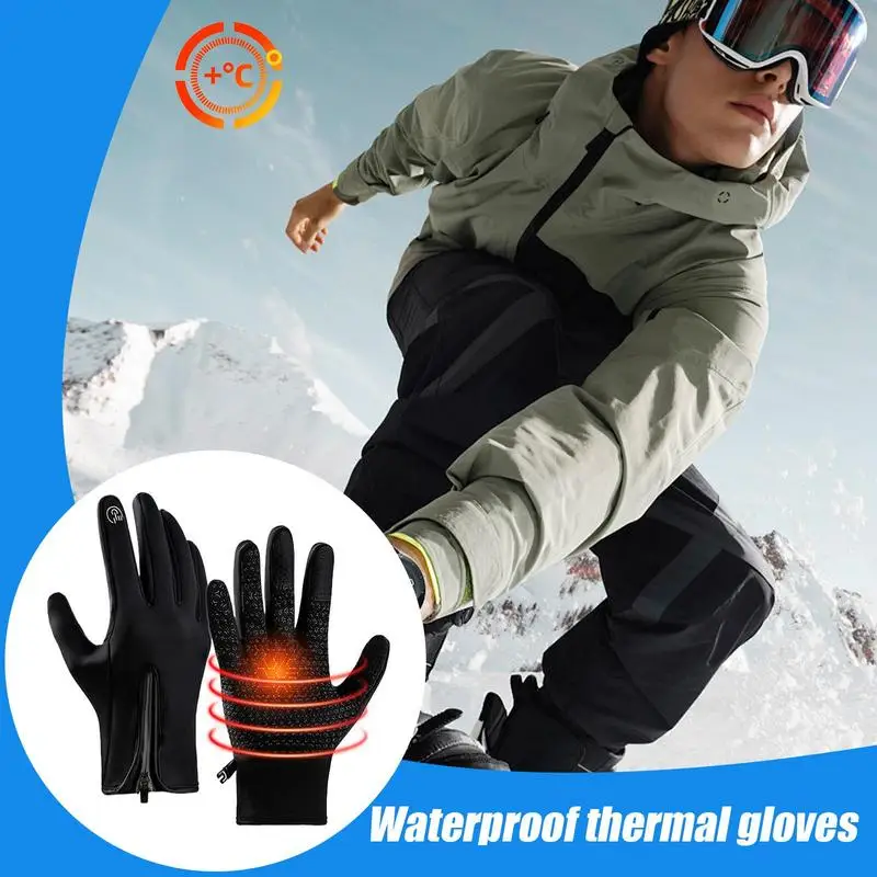 Waterproof Winter Gloves Water Resistant Touchscreen Gloves Unisex Warm Gloves With Zipper Cold Weather Gear For Hiking Cycling