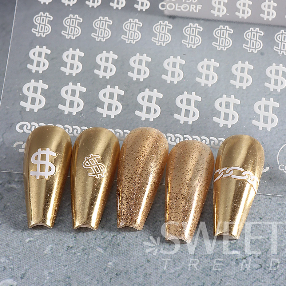 3D Dollar Sign Nail Stickers White Black Gold Sliver Holographic Dollar Sign Nail Deacal Tips DIY Manicure Art Accessories Tools