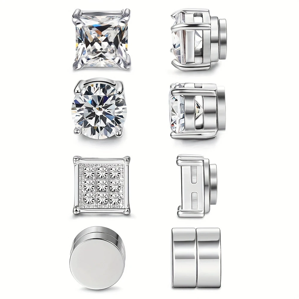 4 أزواج من الأقراط المغناطيسية المصنوعة من الفولاذ المقاوم للصدأ، مشبك أذن مغناطيسي غير مثقوب من الزركونيوم للرجال