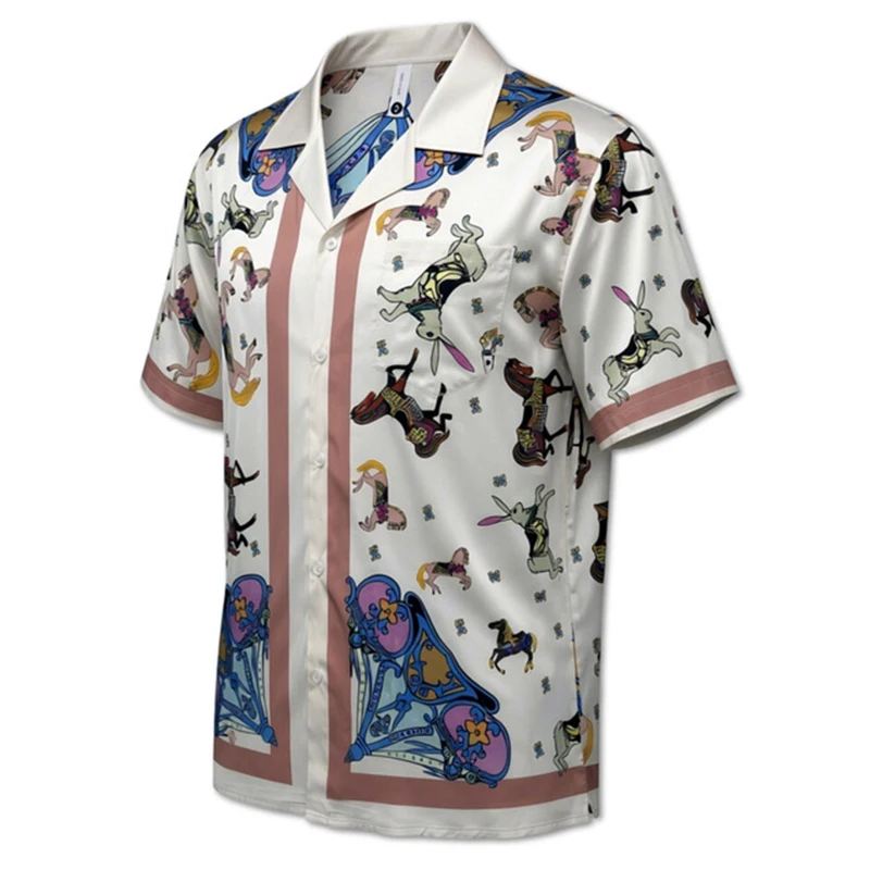 Men's Short-Sleeve Shirt with Vintage Pattern, Turn-Down Collar, and Button Front description 7