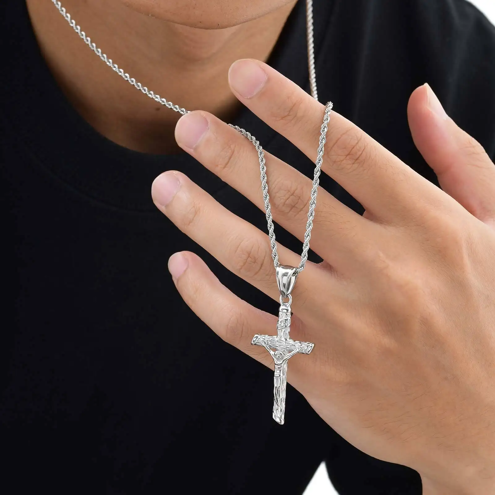 Stainless Steel Crucifix Necklace for Men Boys,Catholic Cross Pendant Necklace with Twisted Rope Chain,Faith Prayer Jewelry