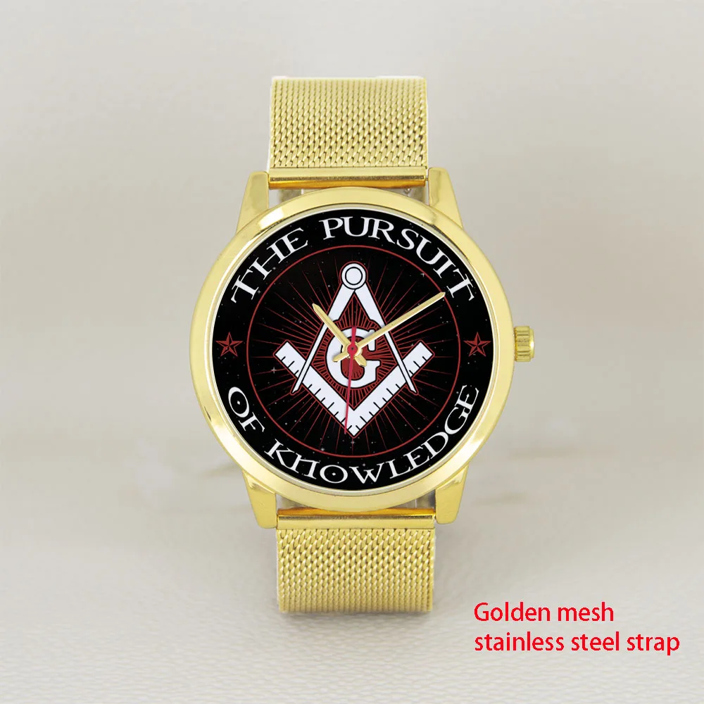 45mm Freemason Pattern Quartz Wrist Watch For Men Golden Case Personalized Cool Gift Souvenir Steel Leather Silicone Strap Male