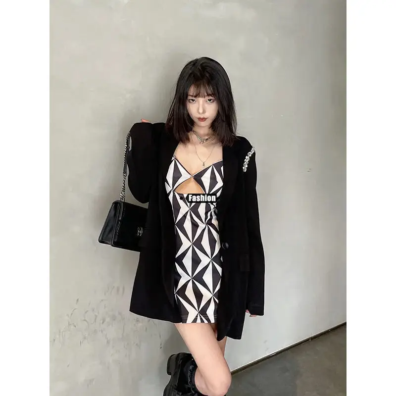 Women Suits 2022 Spring Summer Korean Sweet Black Loose Blazer Hollow Out Print MINI Slip Dress 2 Piece Set