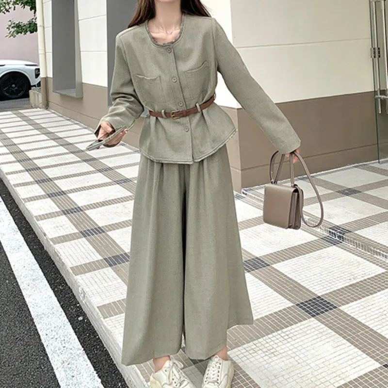EAEOVNI Women Two Piece Set Fashion O Neck Button Belt Gathered Waist Jacket + Wide Leg Trousers 2025 New Clothing 1A1153