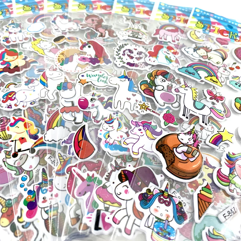 12 Sheets/Set Kawaii Unicorn Stickers for Children Cartoon 3D Bubble PVC Sticker Scrapbook Notebook Decoration