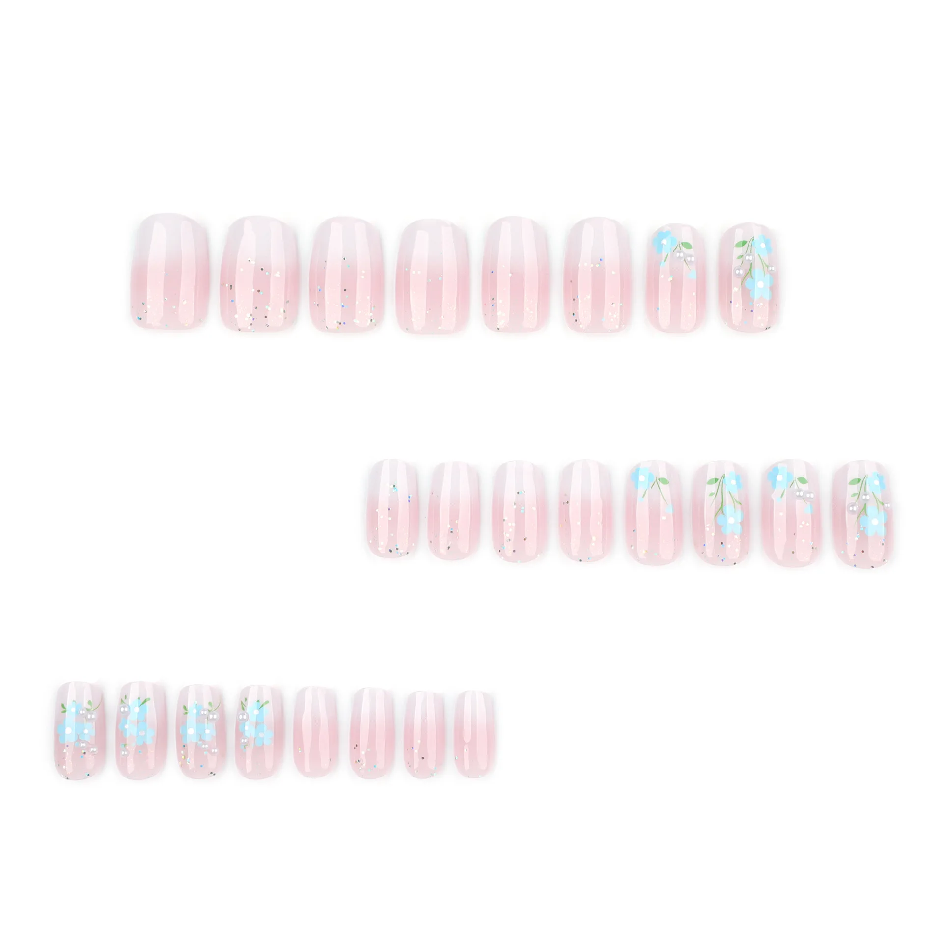24 pezzi stile coreano paillettes flash unghie finte piccoli disegni di fiori blu freschi stampa sulle unghie unghie finte quadrate bianche sfumate