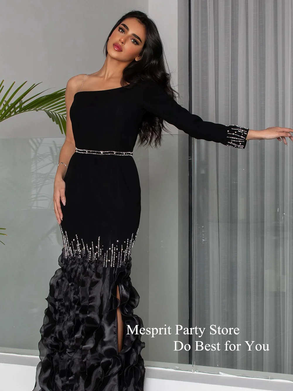 Mesprit Black Evening Dress One Shoulder Long Sleeve Beading Stones Ruffles Mermaid Formal Occasion Dresses Saud Prom Gown