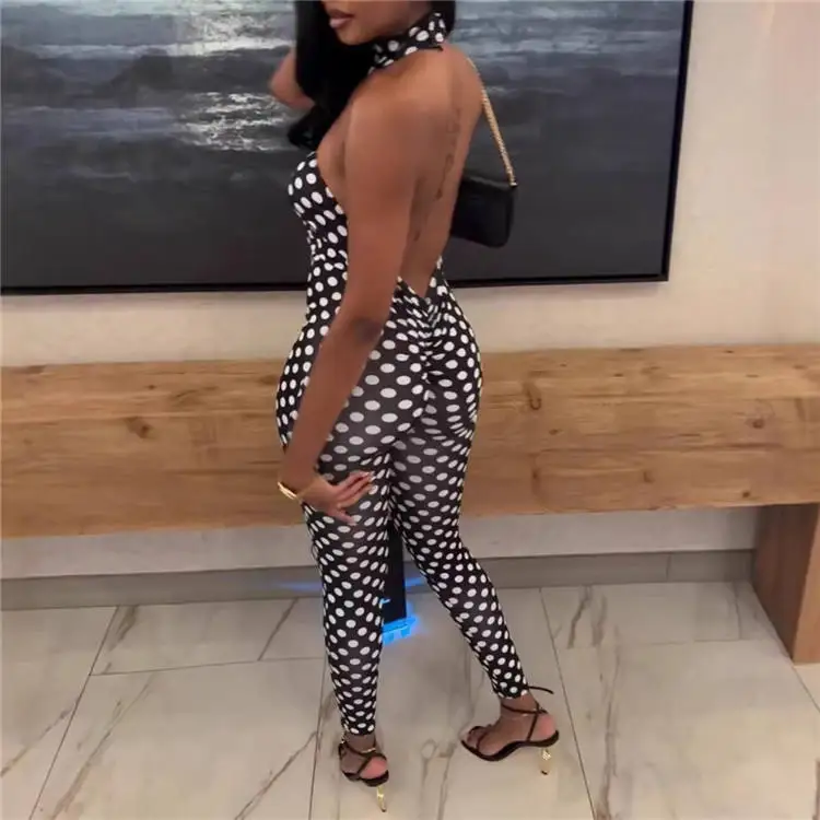 Polka-Dot-Print Jumpsuit für Damen, 1-teiliger Playsuit, Sexy Trendiger Rückenfreier Ärmelloser Neckholder-Romper mit Cut-Outs, Figurbetonter Coquette Midnight Club Einteiler – Detail 4