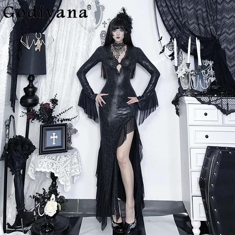 المرأة الجوف خارج سبليت فستان طويل هالوين القوطية نمط تكدرت الخامس الرقبة فستان الإناث الخريف القوطي تأثيري ازياء فستان
